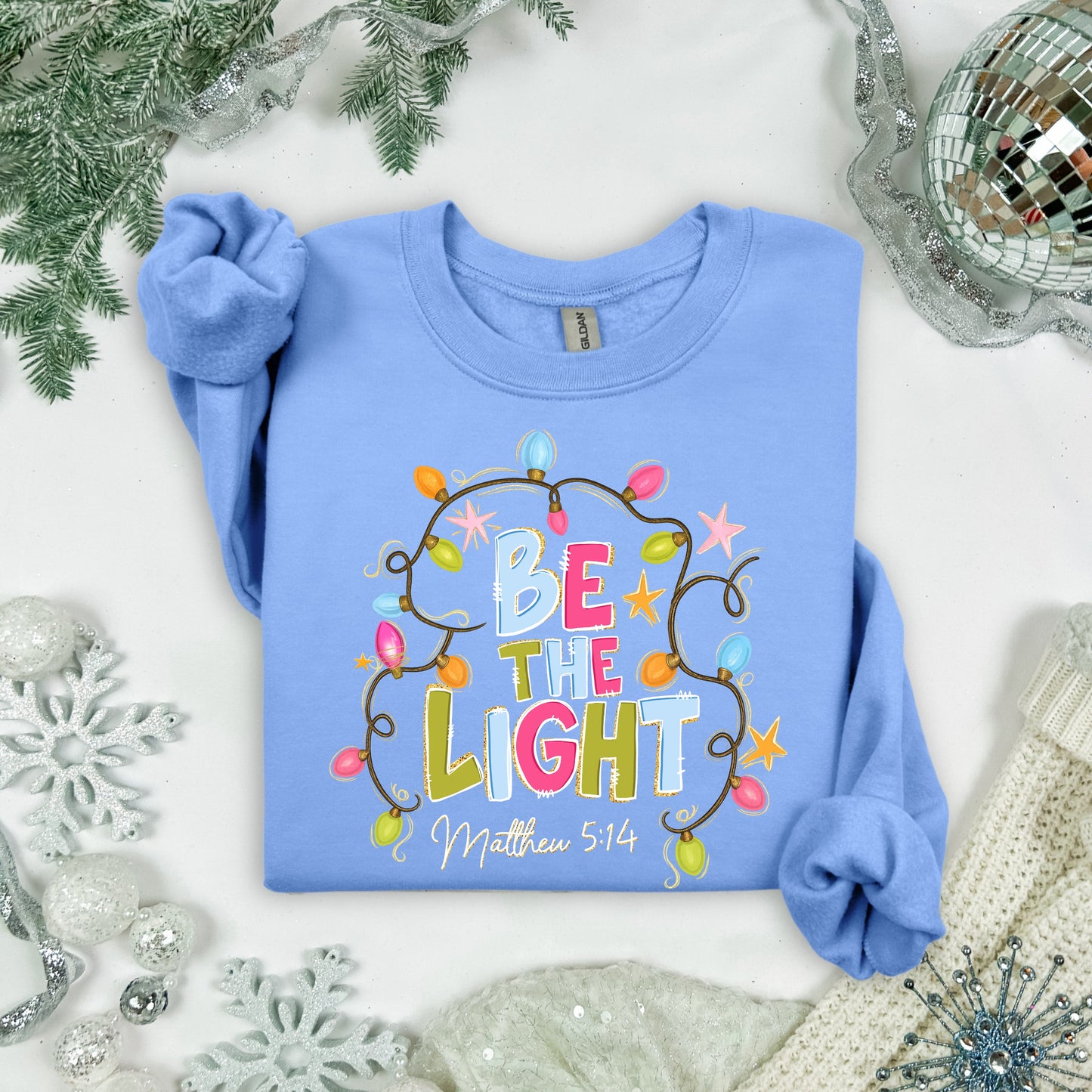 Be the Light Christmas Sweatshirt – Carolina Blue