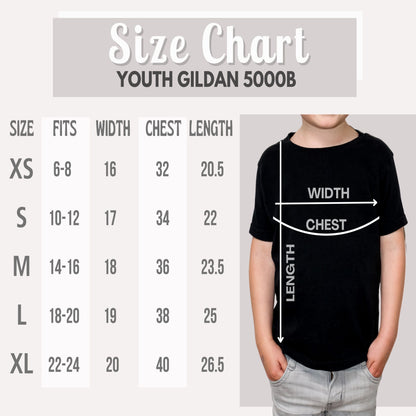 Size chart for Youth Gildan 5000B t-shirts with a child wearing a black t-shirt.
